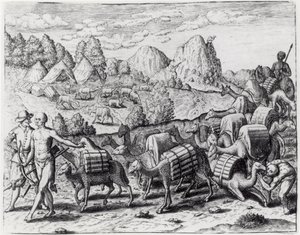 Pacote de trem de lhamas carregado com prata de Potosi Minas do Peru, gravado por Theodore de Bry (1528-98), de &39;Americae&39;, 1602